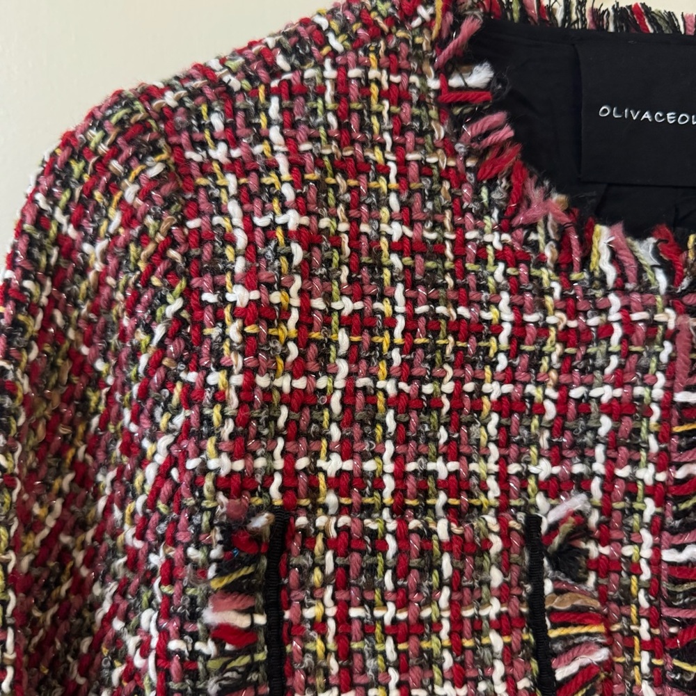 Olivaceous Red Tweed Fringe Trim Blazer - Picture 3 of 7